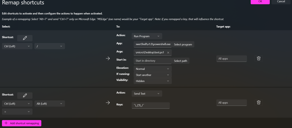 Powertoys Remap shortcut settings, showing the above described shortcut.