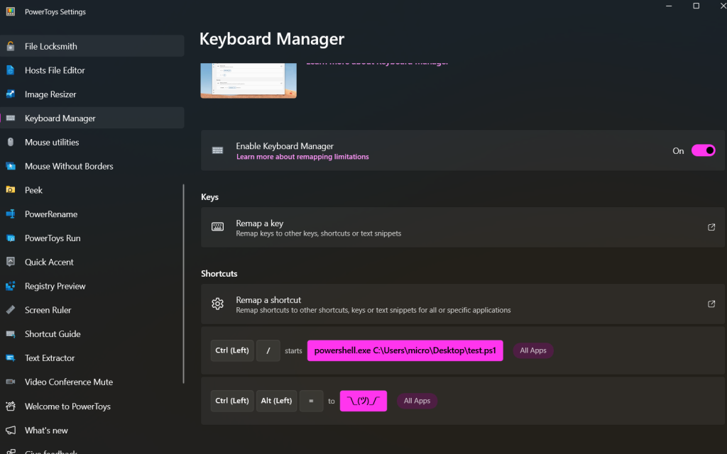 Screenshot of windows 11 "powertoys settings" on the "keyboard manager" page . showing settings for that feature